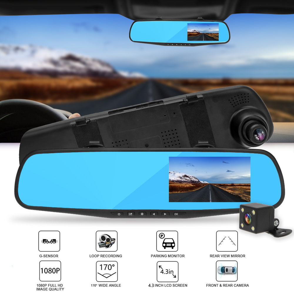 4.3” HD 1080P Dual Lens Car DVR Rear View Mirror 3IN1 Recorder Camera FRONT & BACK & REVERSE Dash Cam